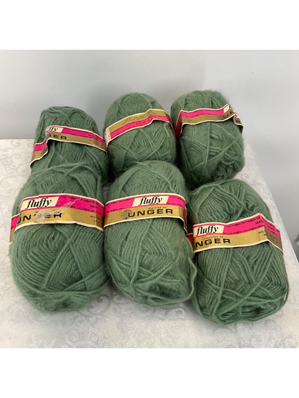 6 Skeins Unger Fluffy Acrylic Yarn 50g Each Green Color Made In France